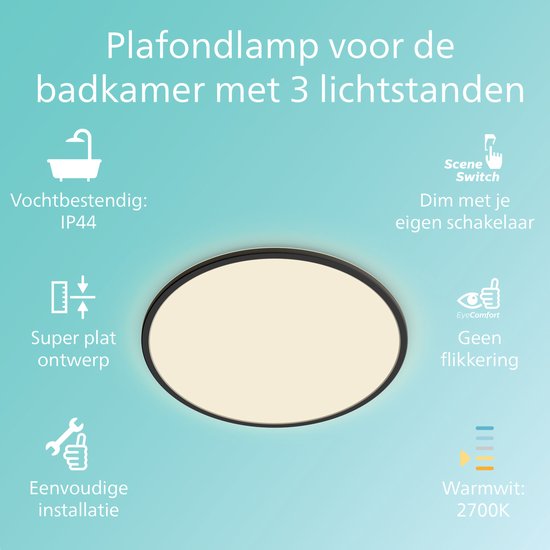 Philips SuperSlim plafondlamp - badkamer rond 15W - Zwart