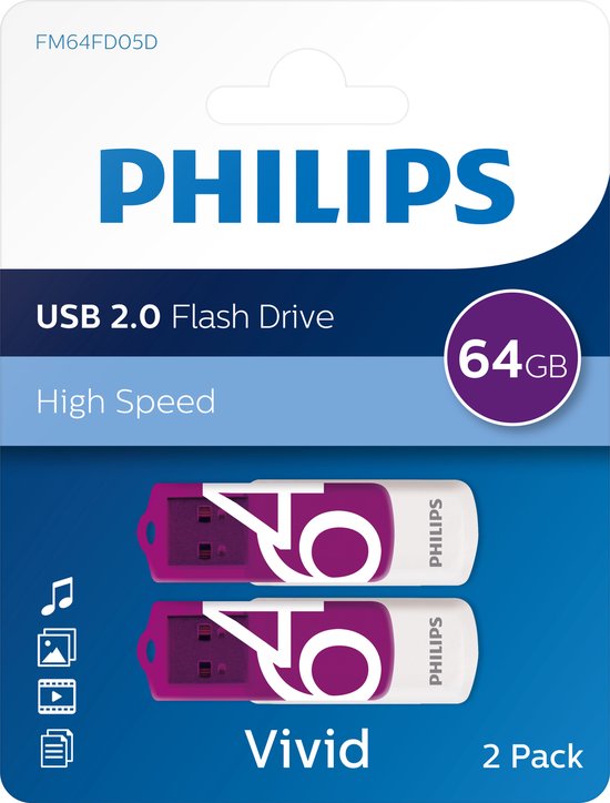 Philips FM64FD05D USB-stick set van 2 - USB 2.0 64 GB - Vivid - Paars