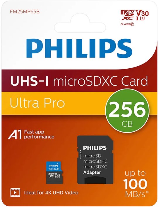 Philips micro SDXC kaart - 256 GB Class 10 UHS-I U3 4K V30 - inclusief adapter