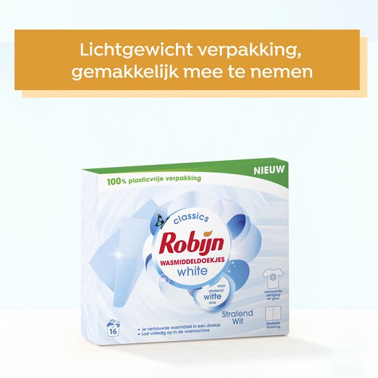 Robijn Classics wasmiddeldoekjes - Stralend Wit - 16 wasstrips