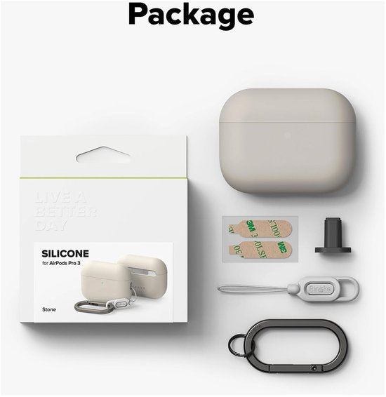Ringke siliconen hoesje - geschikt voor Apple AirPods Pro 3 - met karabijnhaak - Beige