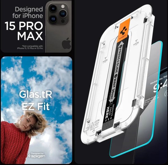 Spigen EZ Fit GLAS.tR screenprotector - iPhone 15 Pro Max set van 2 - Transparant